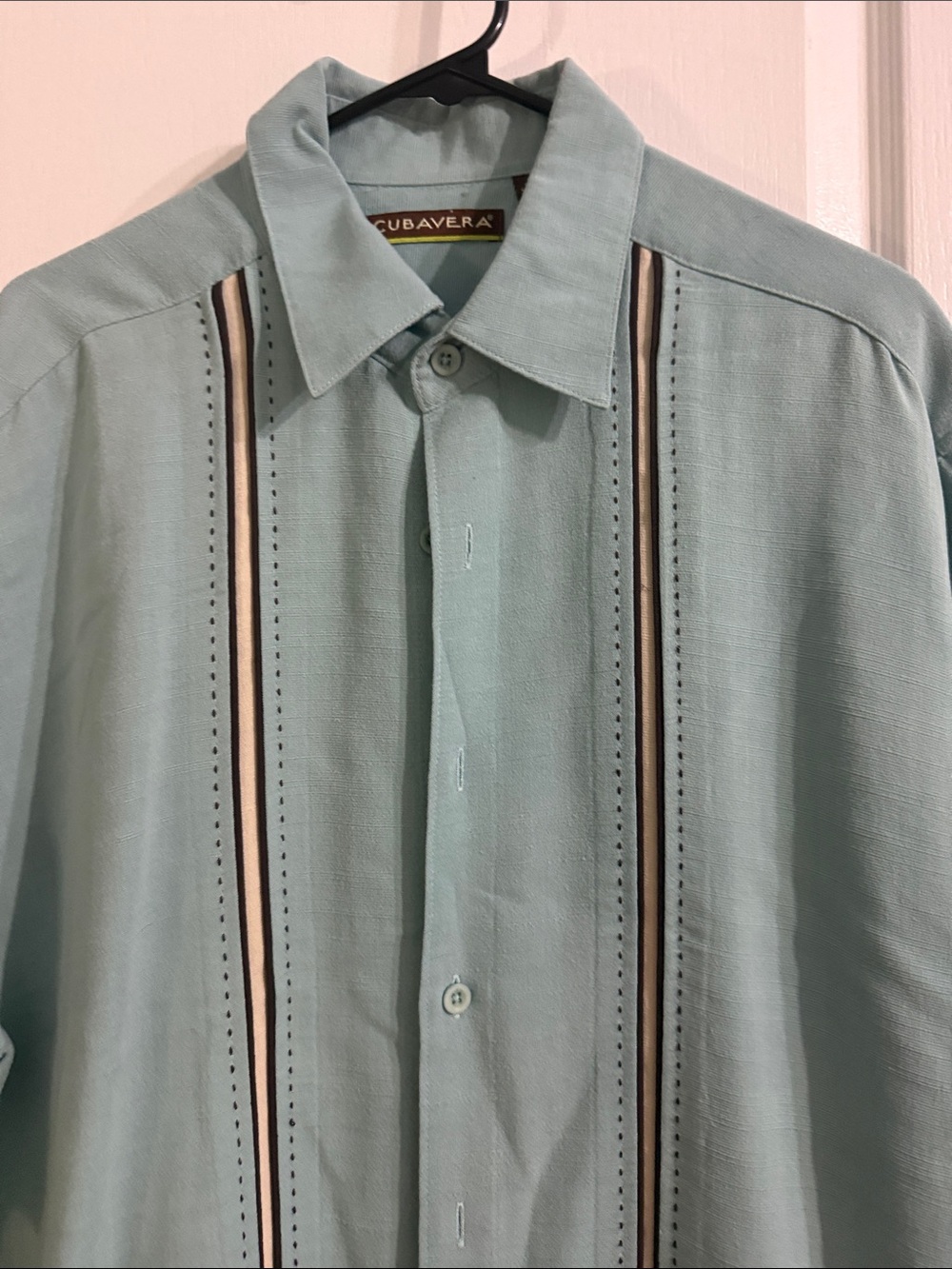 Cubavera Mint Green Button-Down with Contrast Stripe Panels